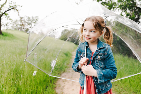little girl with pigtails holding clear umbrella outdoors in spring