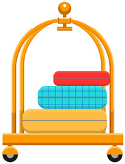 Luggage cart with briefcases. Hotel baggage trolley full of bags, suitcases. Handtruck for transportation of goods in hotel or airport. Trolley for delivery of luggage for guests and customers