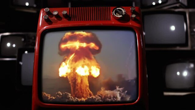 Vintage Televisions Showing Nuclear Blast and Mushroom Cloud - U.S. Army Public Domain Footage - 4K
