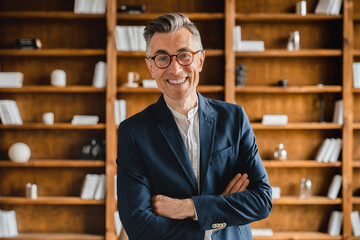 Portrait of successful caucasian mature middle-aged boss ceo businessman freelancer looking at camera with arms crossed, working in office wearing formalwear and glasses - obrazy, fototapety, plakaty