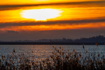 Nove Mlyny reservoir and Palava hills during sunrise in winter, Southern Moravia, Czech Republic