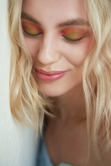 Naklejka premium beauty portrait of blonde natural woman with soft fresh colorful make-up