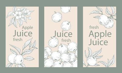 Vintage templates of apple juice. Hand drawn elements. Beige and green. Vector illustration for design packaging