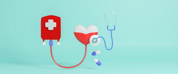 Blood donation concept with blood bag and heart blood donation, stethoscope, pills and blood pressure medical, health care concept, world blood donor day, medical sign on June 14, 3d rendering