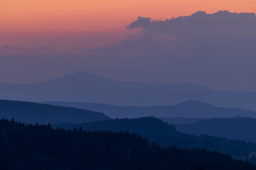 landscape with the Giant Mountains in the background at sunset, Czech Republic