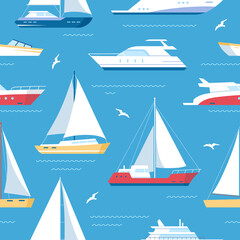 Maritime ships. Vector seamless pattern of ship at sea, sailboats, speedboat, yacht, sailboat, cruiser. Water ocean transport boat in flat style. Sea marine travel background for fabric and textile