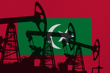 Pump- jacks on background in colors of national flag. Oil and gas wells production concept. Maldive