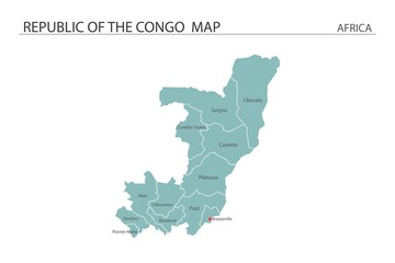 Republic of the Congo map vector illustration on white background. Map have all province and mark the capital city of Republic of the Congo.