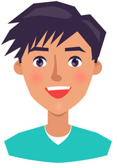 Positive face expression of young man. Guy with emotion of happiness, joy. Cheerful, joyful face of male character. Happy smiling boy isolated on white background. Expressing human emotion concept