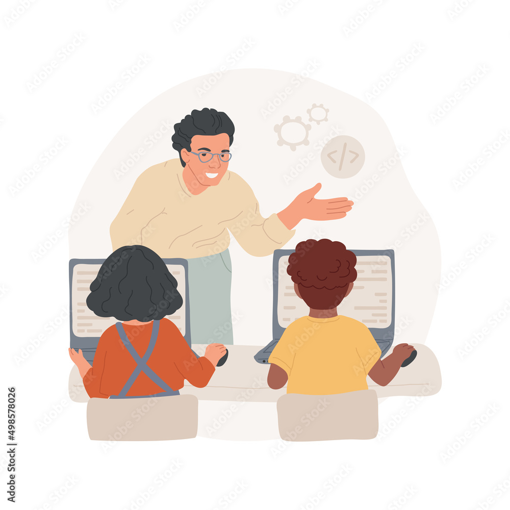 Poster coding class isolated cartoon vector illustration. coding class for children, summer camp, pa day pr