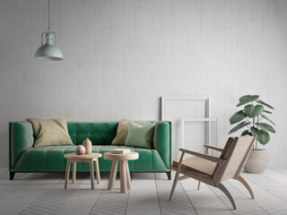 Green sofa in living room.Modern classic style with armchair lamp plant and wihte grunge wall background.3d rendering