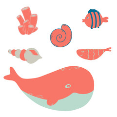 Seashell, coral, fishes and whale vector set. Hand drawn illustrations. Cute collection in flat style isolated on the white background.