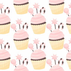 Colorful pink cup cake seamless pattern. Tasty dessert repeatable print. Vector illustration on white background.