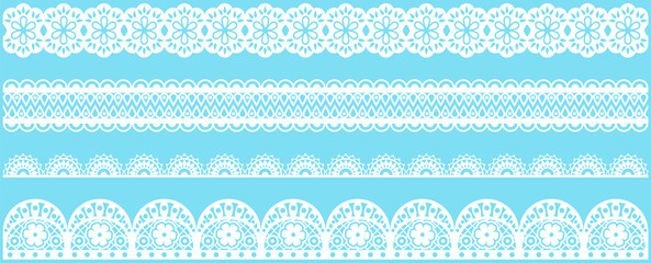 Fototapeta Set of wide lace ribbons with print. White design elements isolated on blue background. Seamless pattern for creating style of card with ornaments. Lace decoration template, ribbons for design obraz