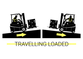 Silhouette of loaded forklift travelling on a slope. Vector. - obrazy, fototapety, plakaty