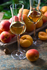 Fresh apricots and glass of sweet wine.