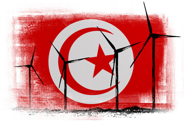 Wind energy generators on background in colors of national flag. Tunisia