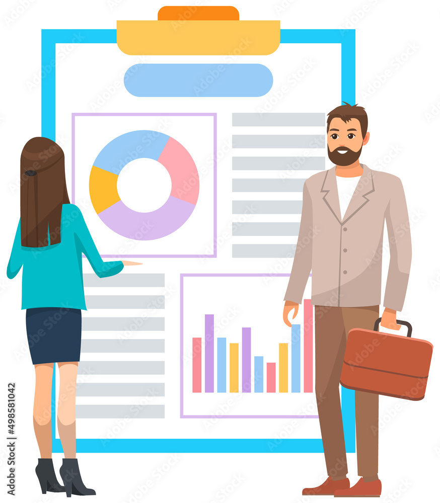 Poster manager makes presentation of statistical report analysis charts. planning business. teamwork consul