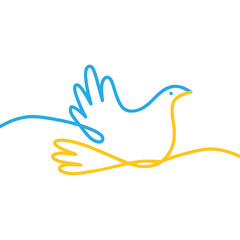 Symbol of peace linear dove with a branch in the colors of the Ukrainian flag. One line drawing. .Vector isolated 