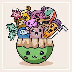 Colorful doodle monster having fun in summer isolated on white background