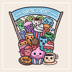 Colorful coffee doodle monsters gathering in isolation on white background