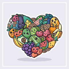 Cute fruit doodle monster having fun in the form of love isolated on white background
