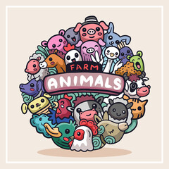 Cute colorful farm animal doodle monster having fun isolated on white background