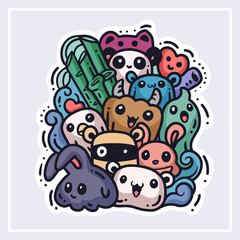 Cute colorful doodle monster having fun isolated on white background