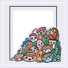 Cute colorful japanese food doodle monster having fun isolated on white background