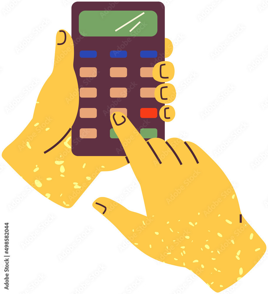 Poster businessman, accountant working with device to count. hands hold calculator with buttons and display