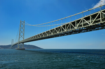 世界最長の吊り橋明石海峡大橋と青空