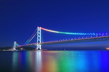 Fototapeta na wymiar レインボーカラーにライトアップされた明石海峡大橋の夜景
