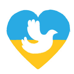 Symbol of peace white dove on heart in colors of Ukrainian flag. Vector flat illustration isolated on white background.