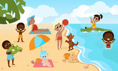 Children relax on the beach, sunbathe, play with a dog, swim on a crocodile water mattress, swim on the water, sit under a sun umbrella. Cartoon illustration of summer vacation and activity.