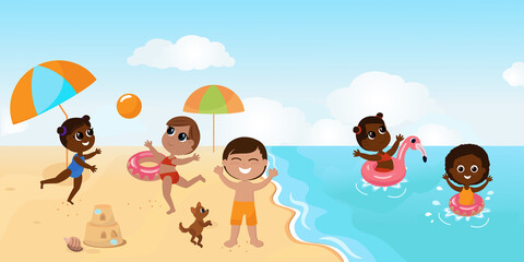Obraz na płótnie Canvas Children play ball on the beach and swim with the dog in the water on inflatable circles. Children are joyful and happy, there is a sand castle nearby. Cartoon illustration of summer activity.