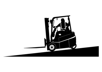 Silhouette of empty forklift travelling on a slope. Vector.