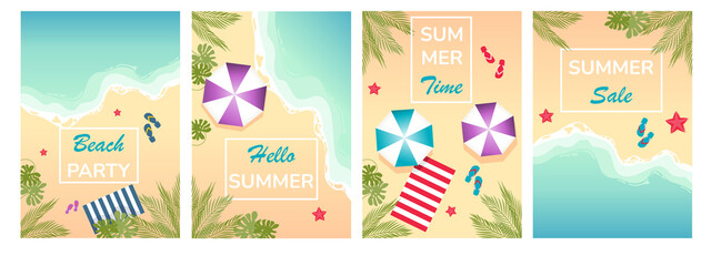 Set of summer travel flyers with beach items and wave. Tropical beach cards with sand, sea and palm trees. Vector illustration