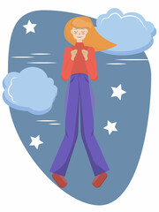 Dreaming girl. Flat style vector illustration. Funny girl.
Clouds, stars on a blue background.