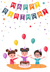 Obraz na płótnie Canvas Diverse children, children, teenagers celebrate birthday fun, decorations. Birthday cake. Greeting card template. Vector cartoon