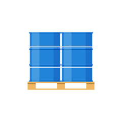 Metal storage barrel containers on pallets, flat vector illustration isolated.