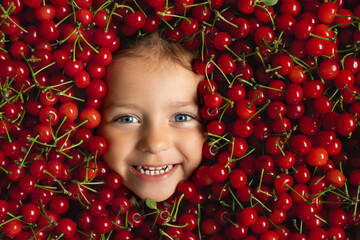 Face of a happy surrounded by a large pile of fruits of red, ripe, juicy cherries. The harvest season of fruit trees. Proper healthy nutrition