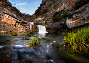 Beautiful landscape view of Mirusha Waterfalls on a sunny day in Mirusha Park, in central Kosovo