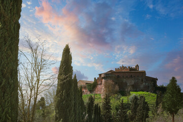 rear view of the medieval castle of certaldo in tuscany