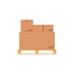 Wooden pallet with piled cardboard boxes, flat vector illustration isolated.