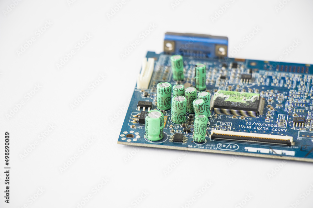Poster closeup shot of electronic motherboard and isometric processor and microchip