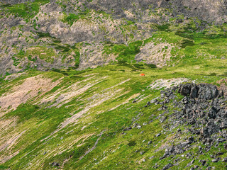 Minimalistic landscape of a green mountain slope with a small tent.