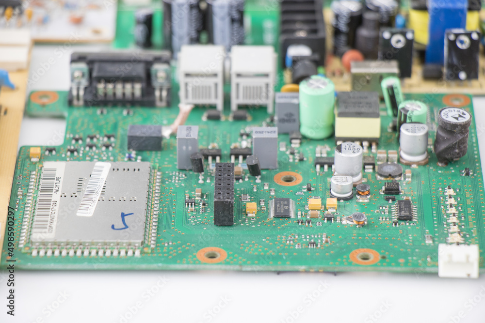 Poster closeup shot of electronic motherboard and isometric processor and microchip