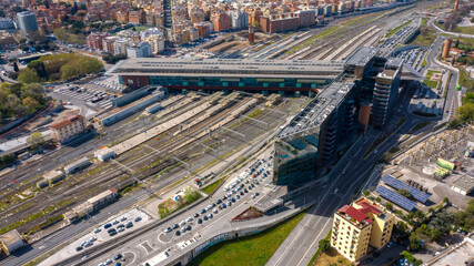 Fototapeta premium Aerial view of Roma Tiburtina, the second largest railway station in Rome, Italy. The train station is located in the north-eastern part of the city.