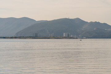Distant view of the Troia peninsula and the ocean in Setubal, Portugal