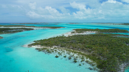 Aerial view of the shore at the Compass Cay island, Exumas, Bahamas